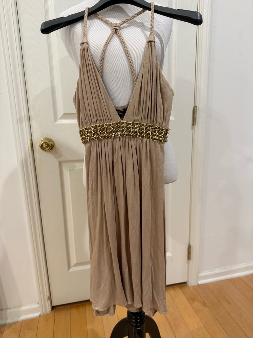 Women's Beige Dress with Gold Waist Detail